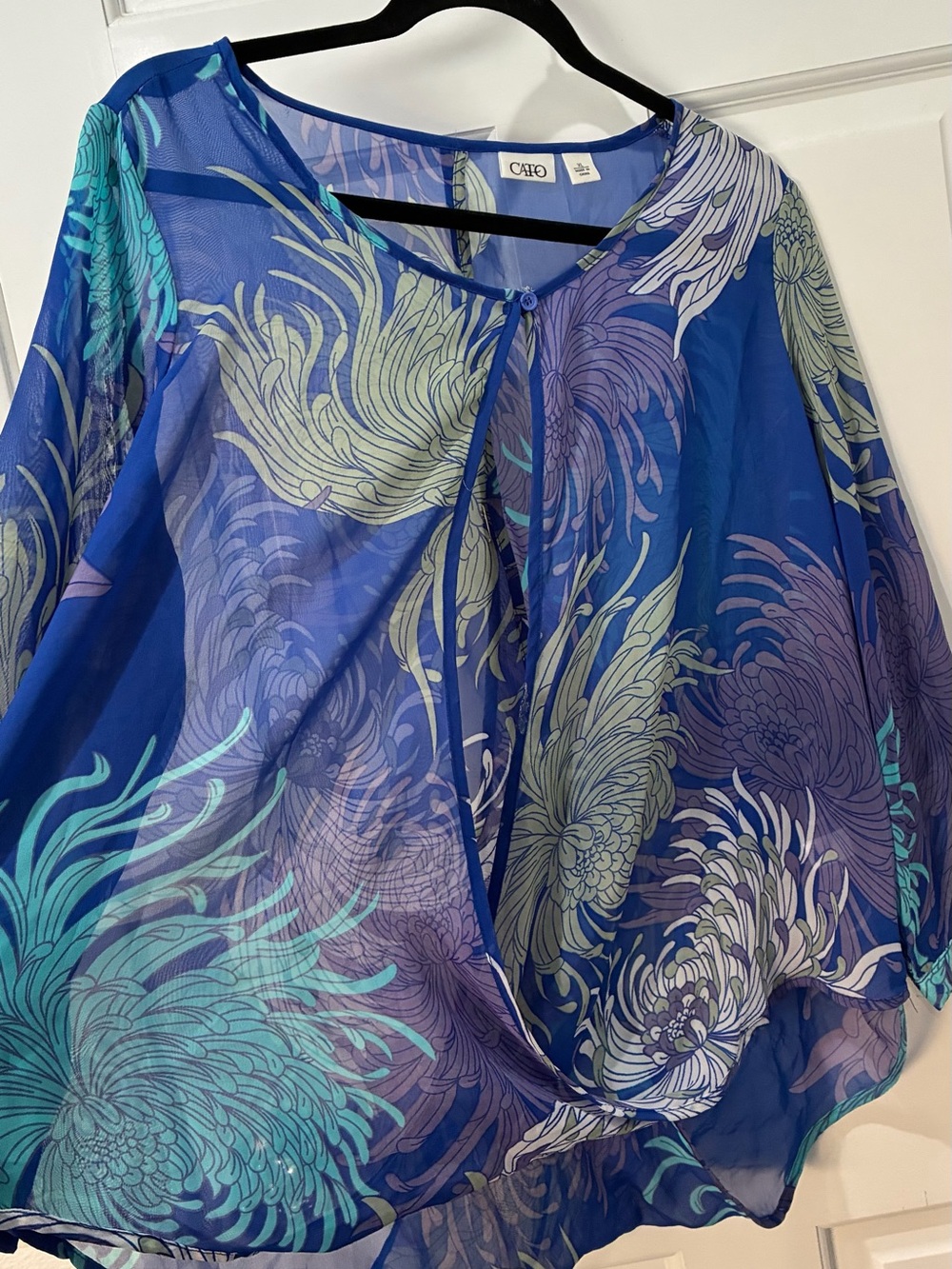 Cato Teal and Blue Floral Sheer Wrap Blouse - Picture 3 of 4